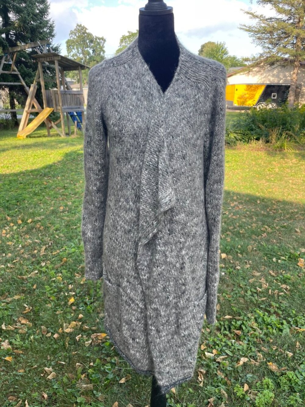 Maryline Cardigan Long Open Chunky Knit Metallic Gray Wool Mohair Euro Style L